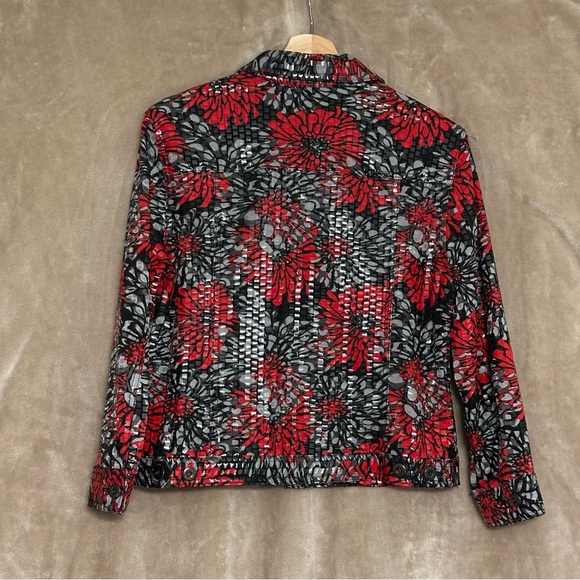 Ruby Rd Womens Shirt Jacket Red Gray Black Floral Shiny Size 10 - Picture 3 of 11